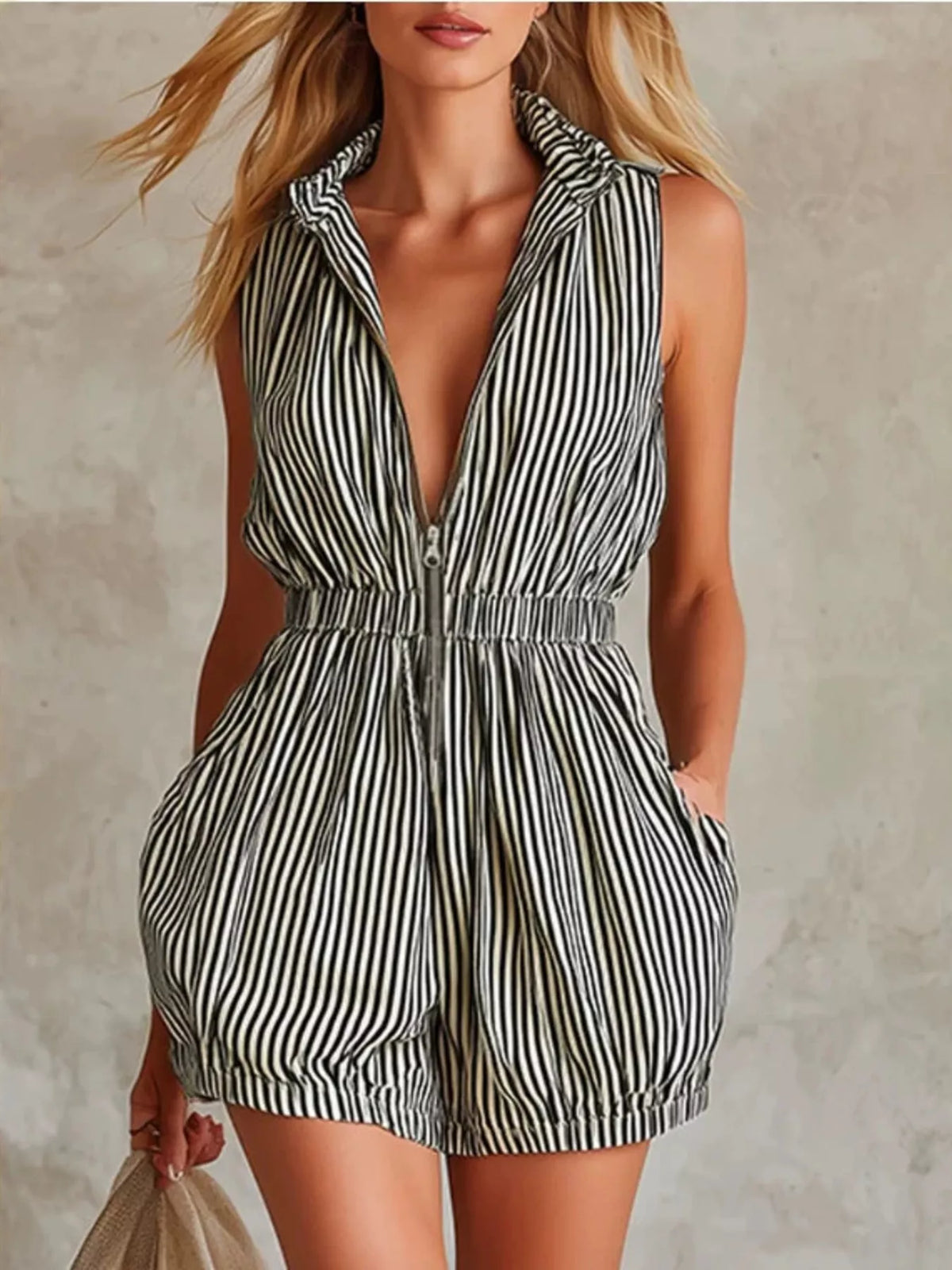 Striped Sleeveless Romper in Black