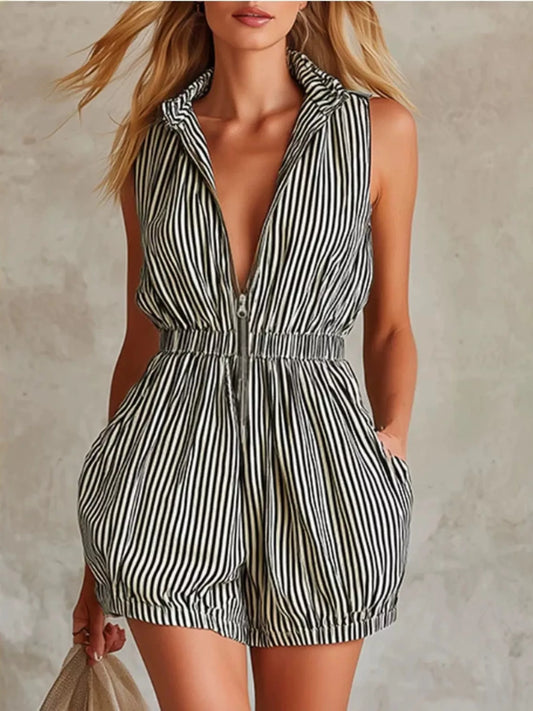 Striped Sleeveless Romper in Black