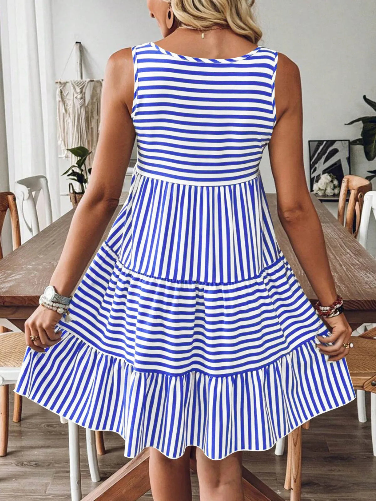 Striped Tiered Ruffle Tank Dress in Blue