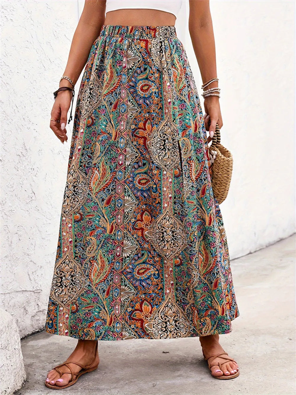 Printed Elastic-Waist Skirt with Slit