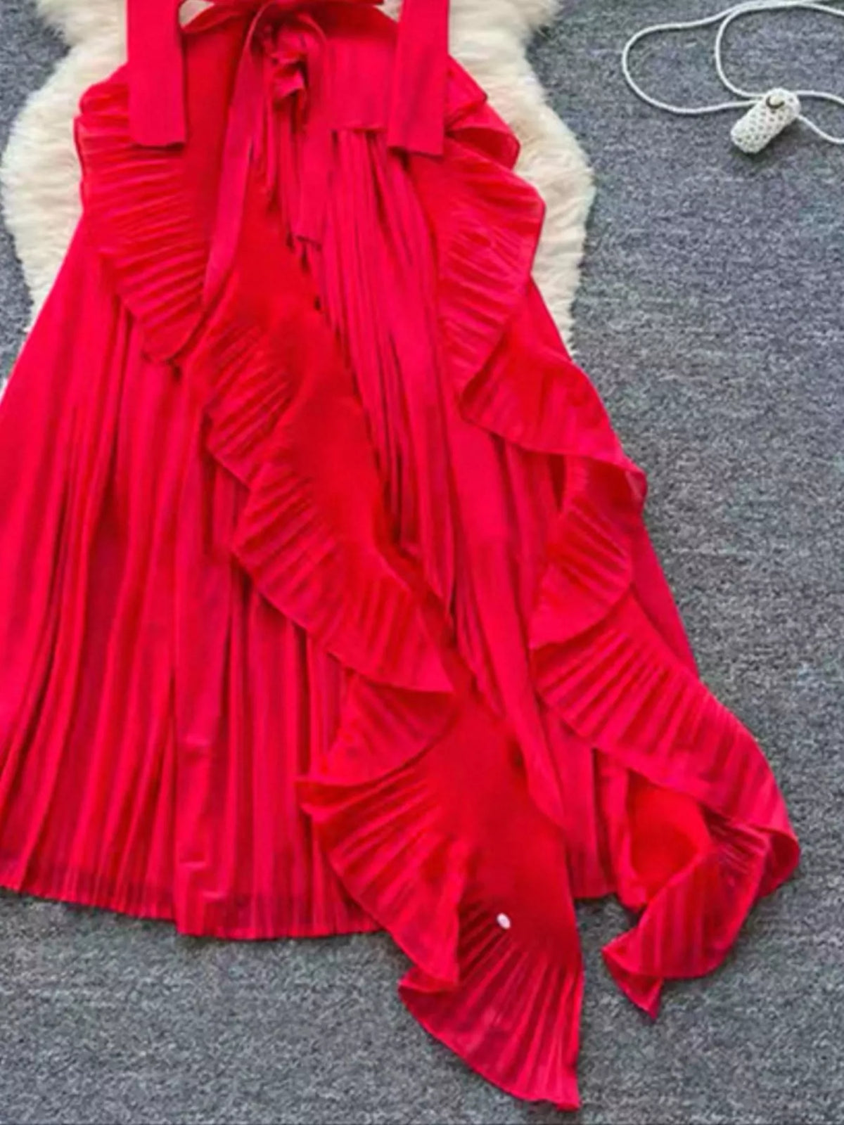 Ruffle-Trim Pleated Midi Dress