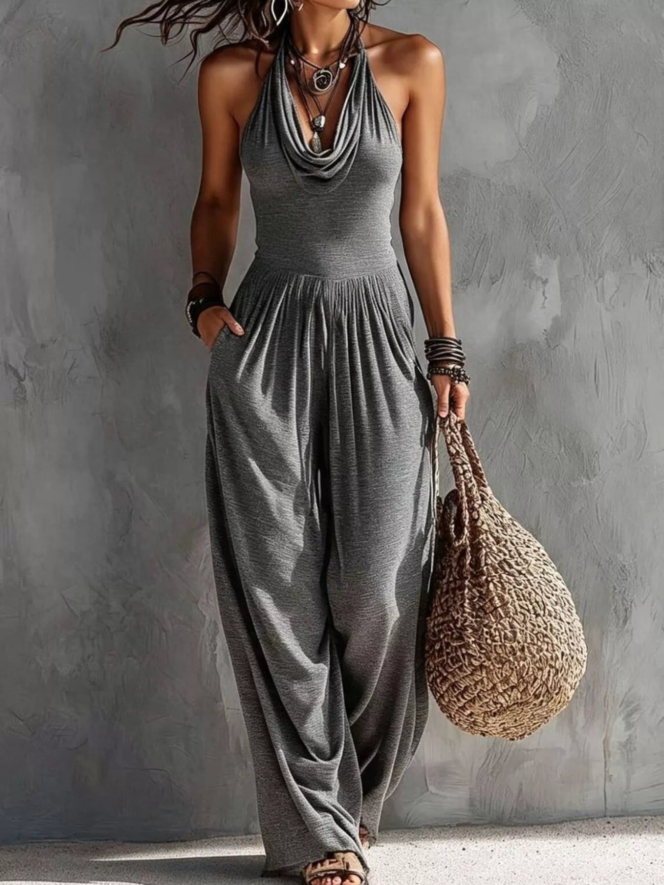 Halter Neck Wide-Leg Jumpsuit in Gray