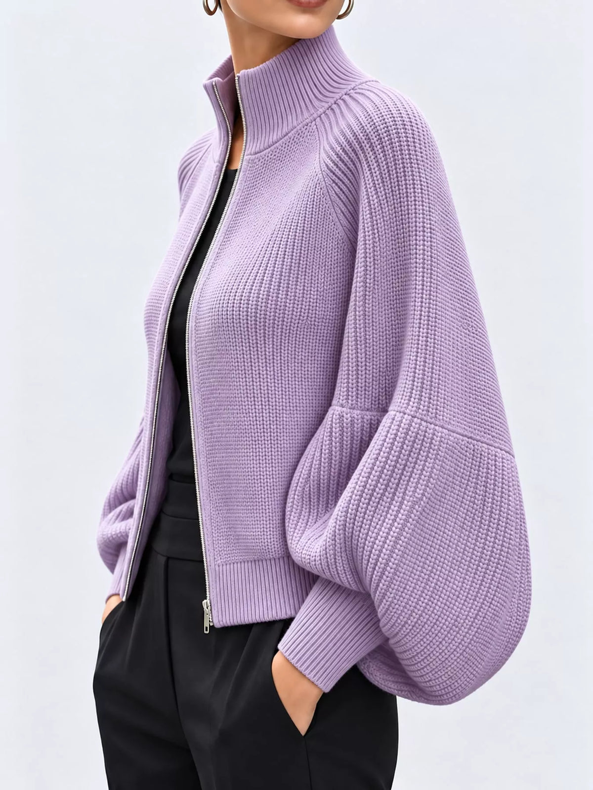 Ribbed Knit Zip-Up Cardigan with Lantern Sleeves