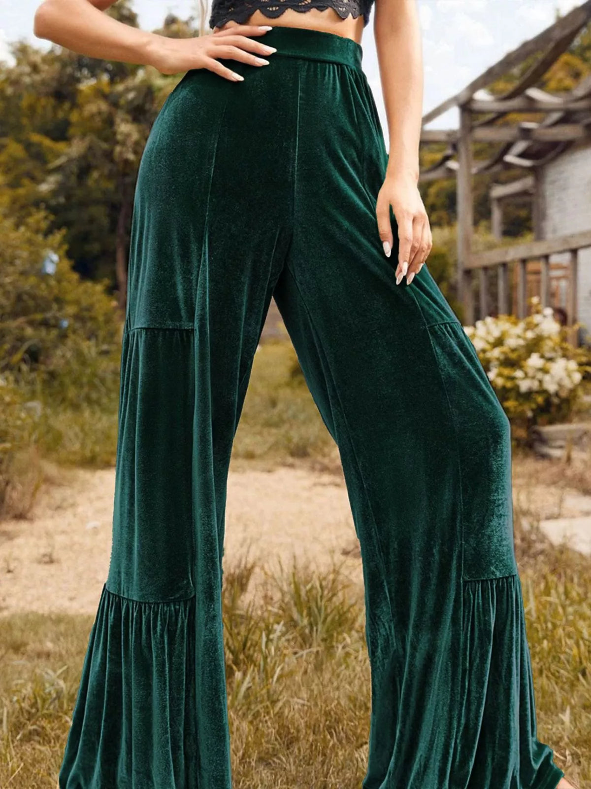 Ruched Velvet Wide-Leg Pants