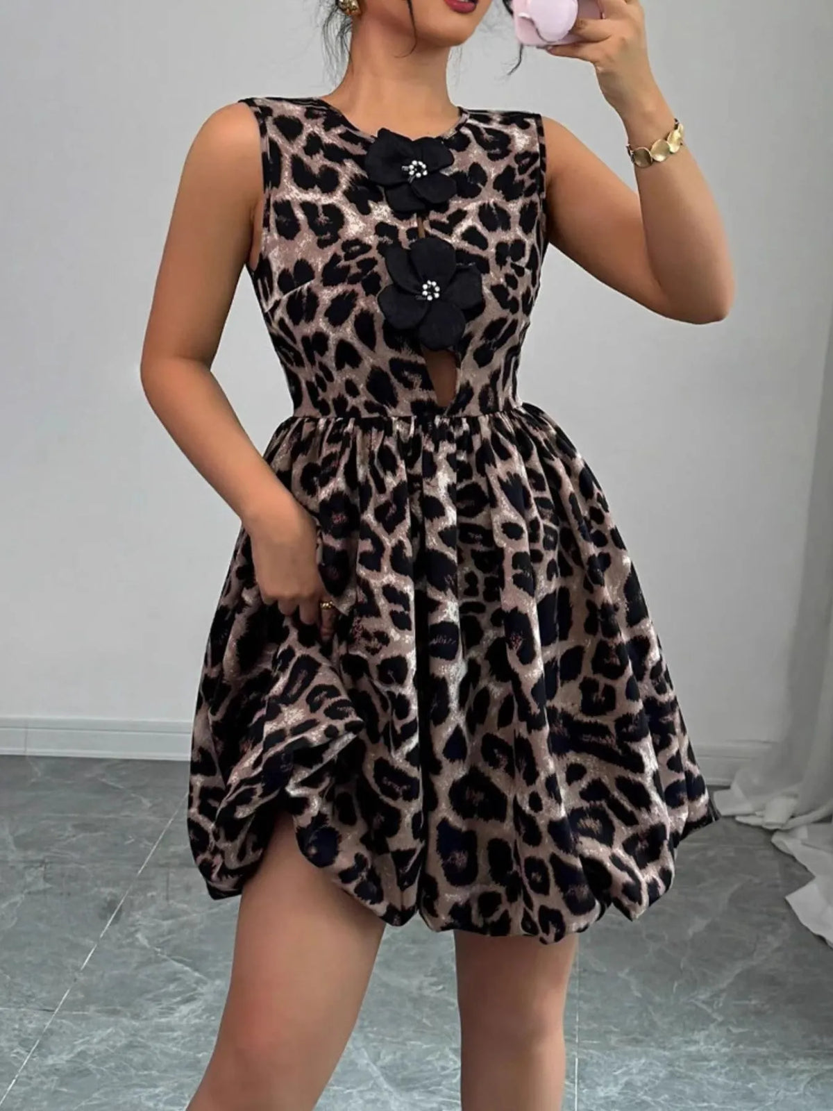 Leopard Print Fit and Flare Mini Dress in Chocolate