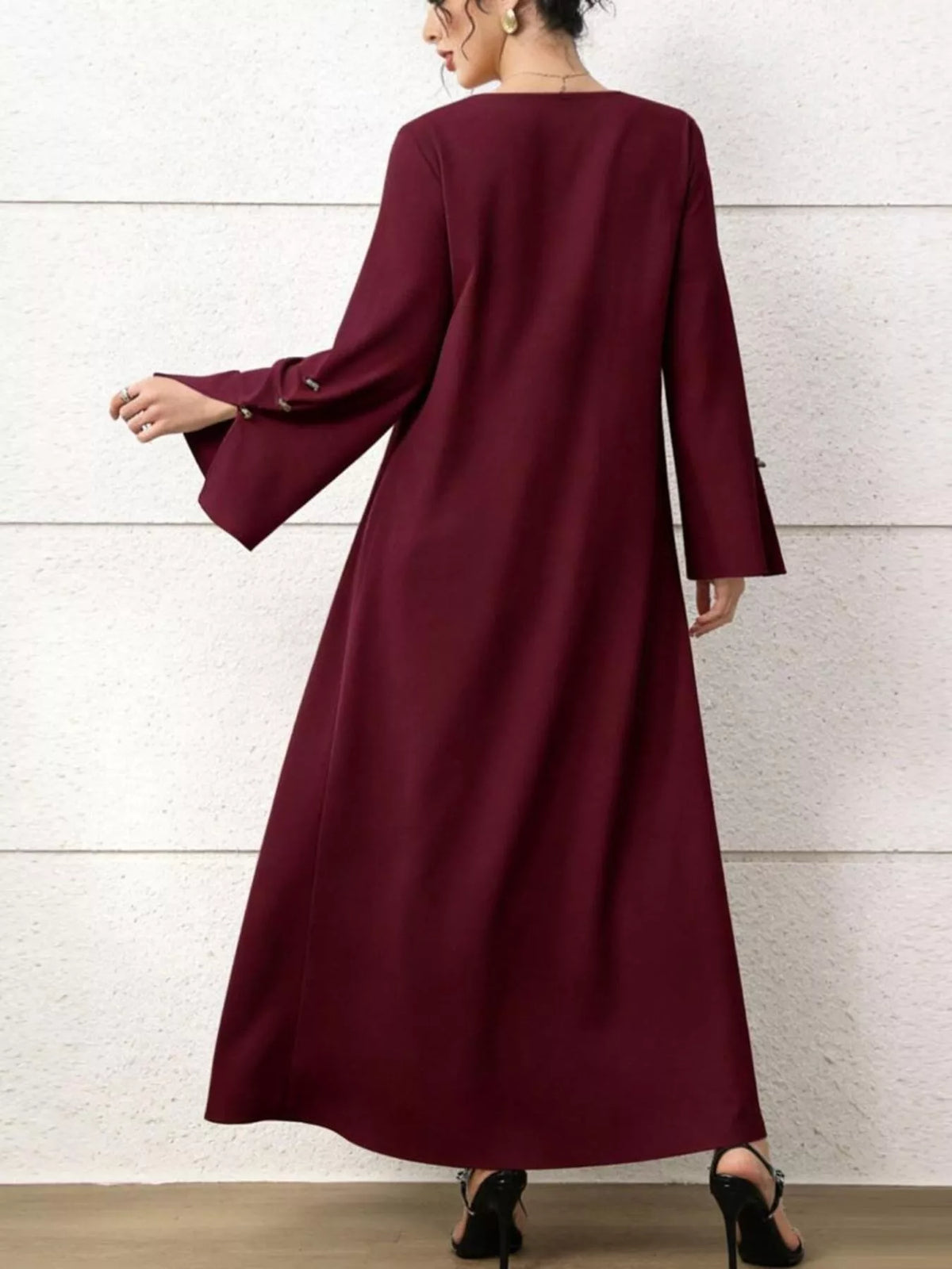 Square Neck Flare Sleeve Maxi Dress in Burgundy