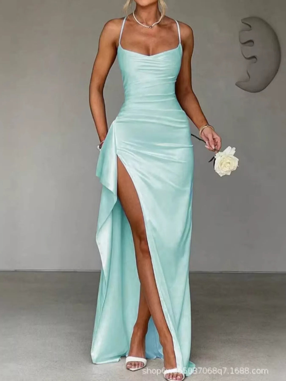 Satin Ruched High-Slit Maxi Dress