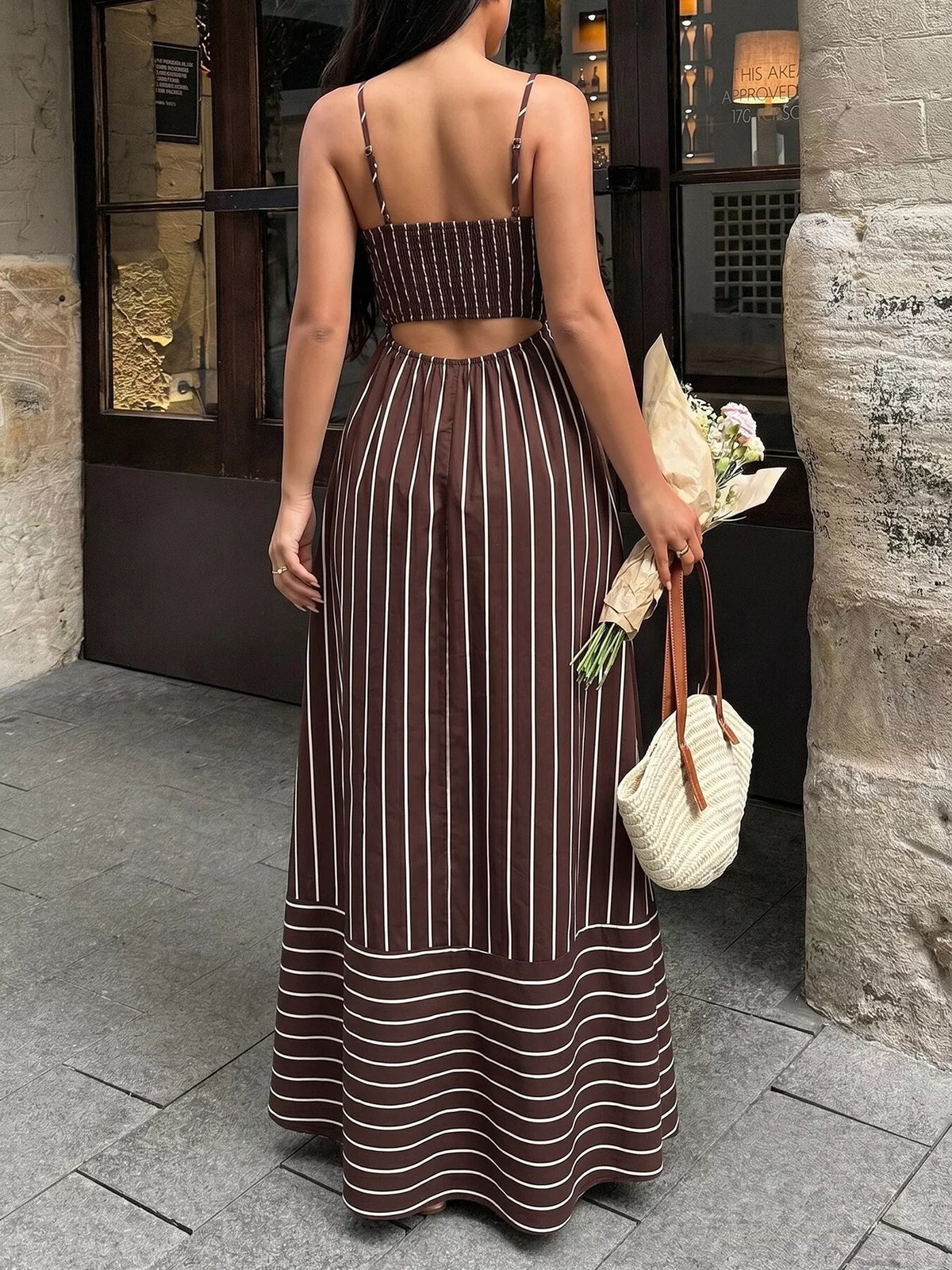 Striped Spaghetti Strap Maxi Dress with Cutout
