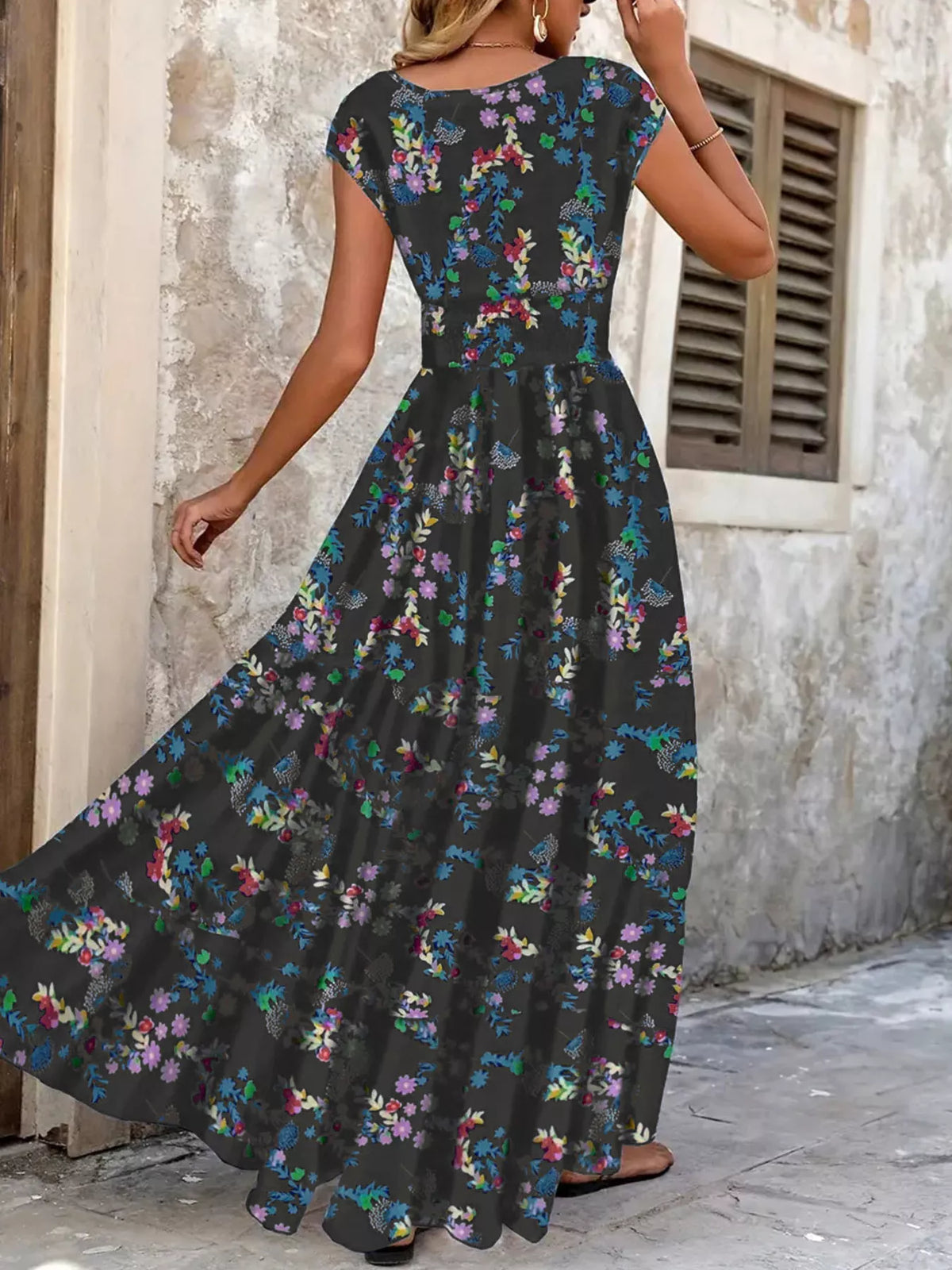 Floral V-Neck Cap Sleeve Maxi Dress