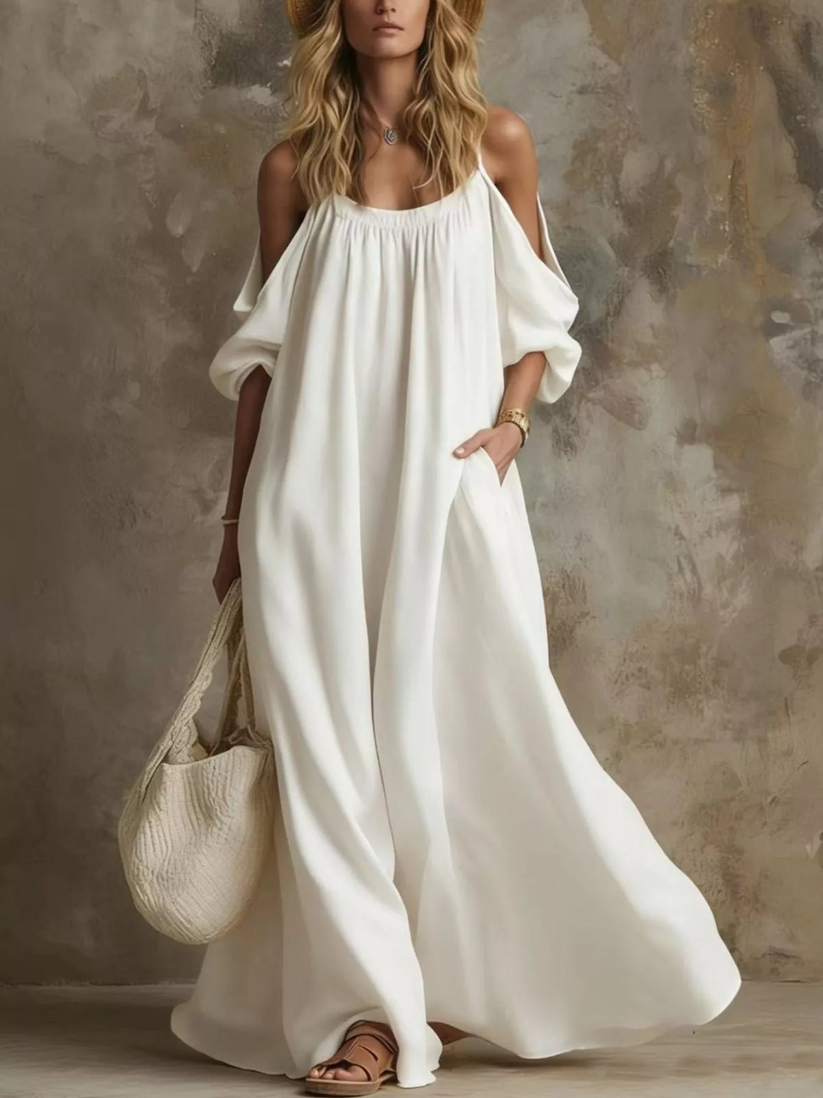 Cold-Shoulder Pocketed Maxi Dress