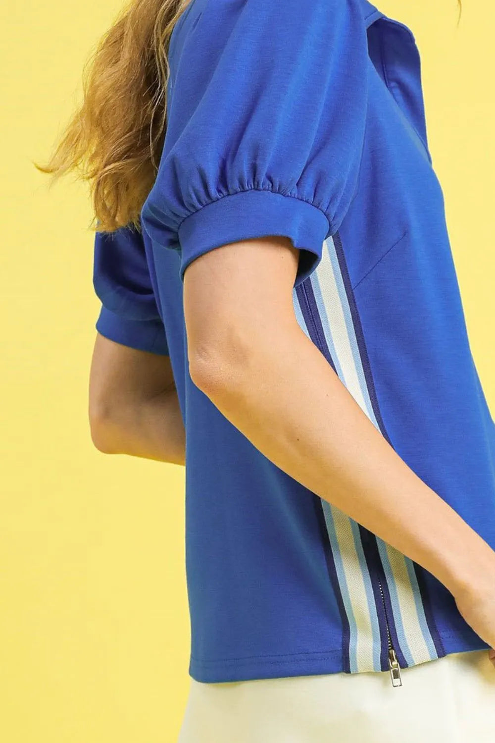 Umgee Side Zip Puff Sleeve Polo in Royal Blue