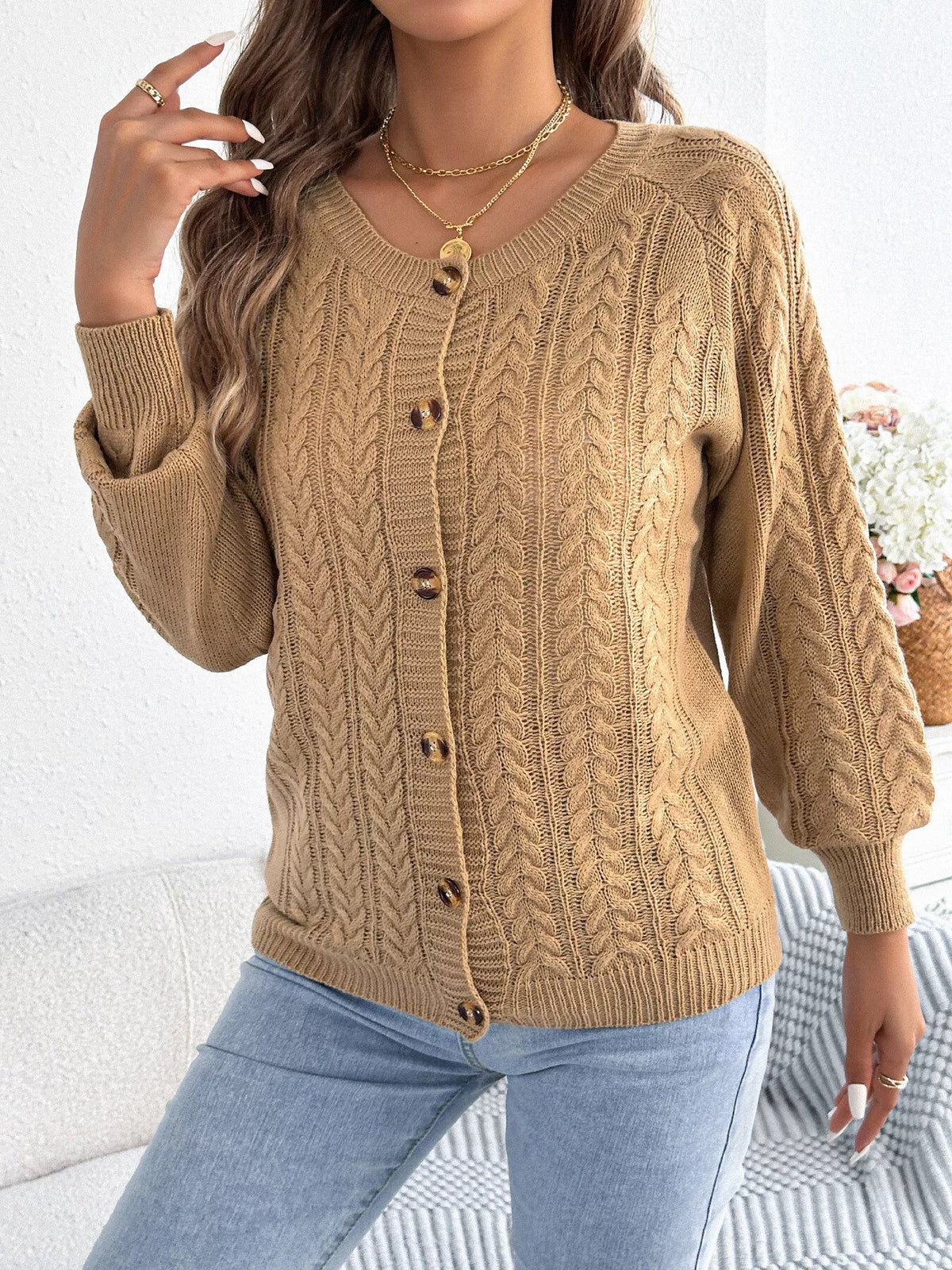 Cable-Knit Button-Front Cardigan by Clise
