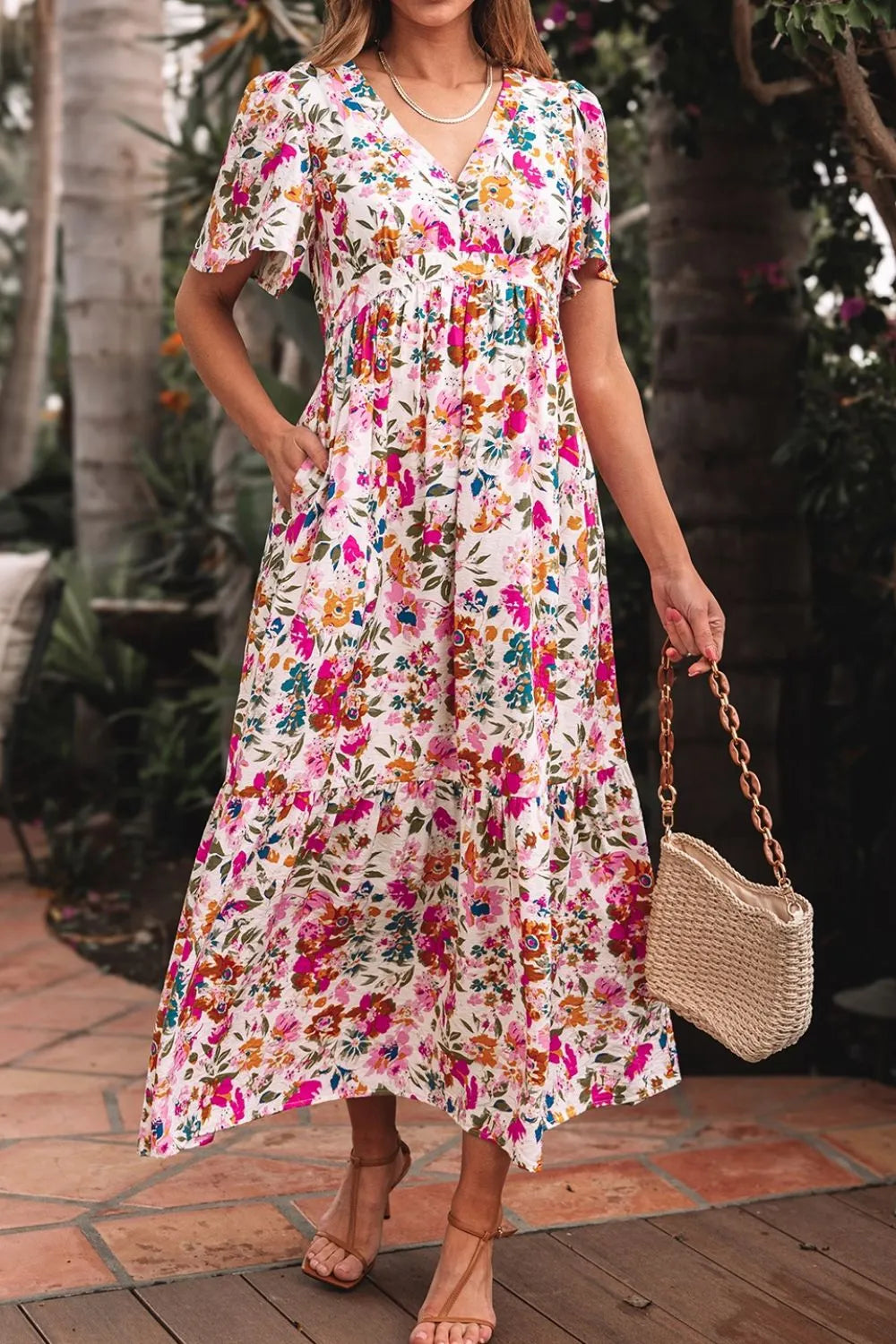 Floral V Neck Dress with Pockets