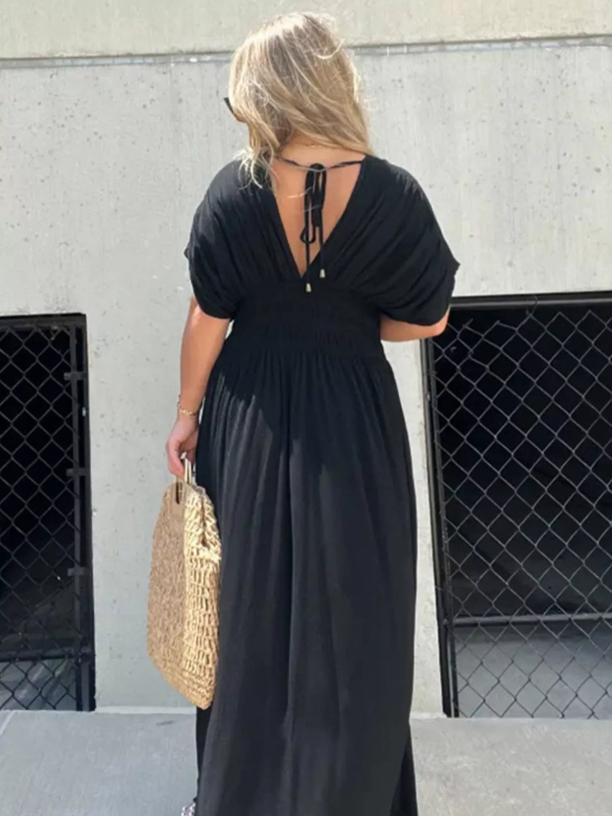 Smocked Waist V-Neck Slit Maxi Dress
