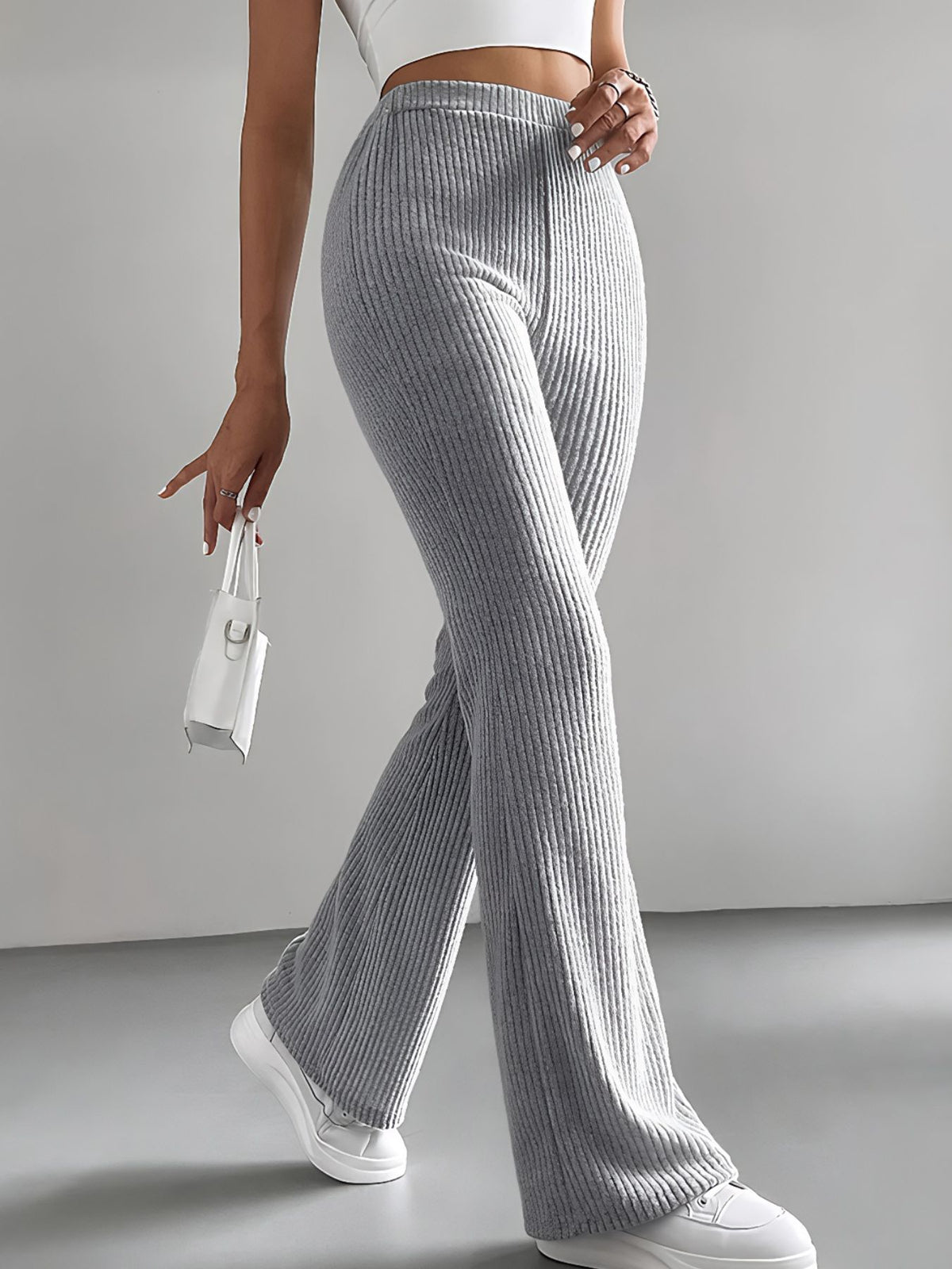 Ribbed Knit High-Waisted Flare Pants