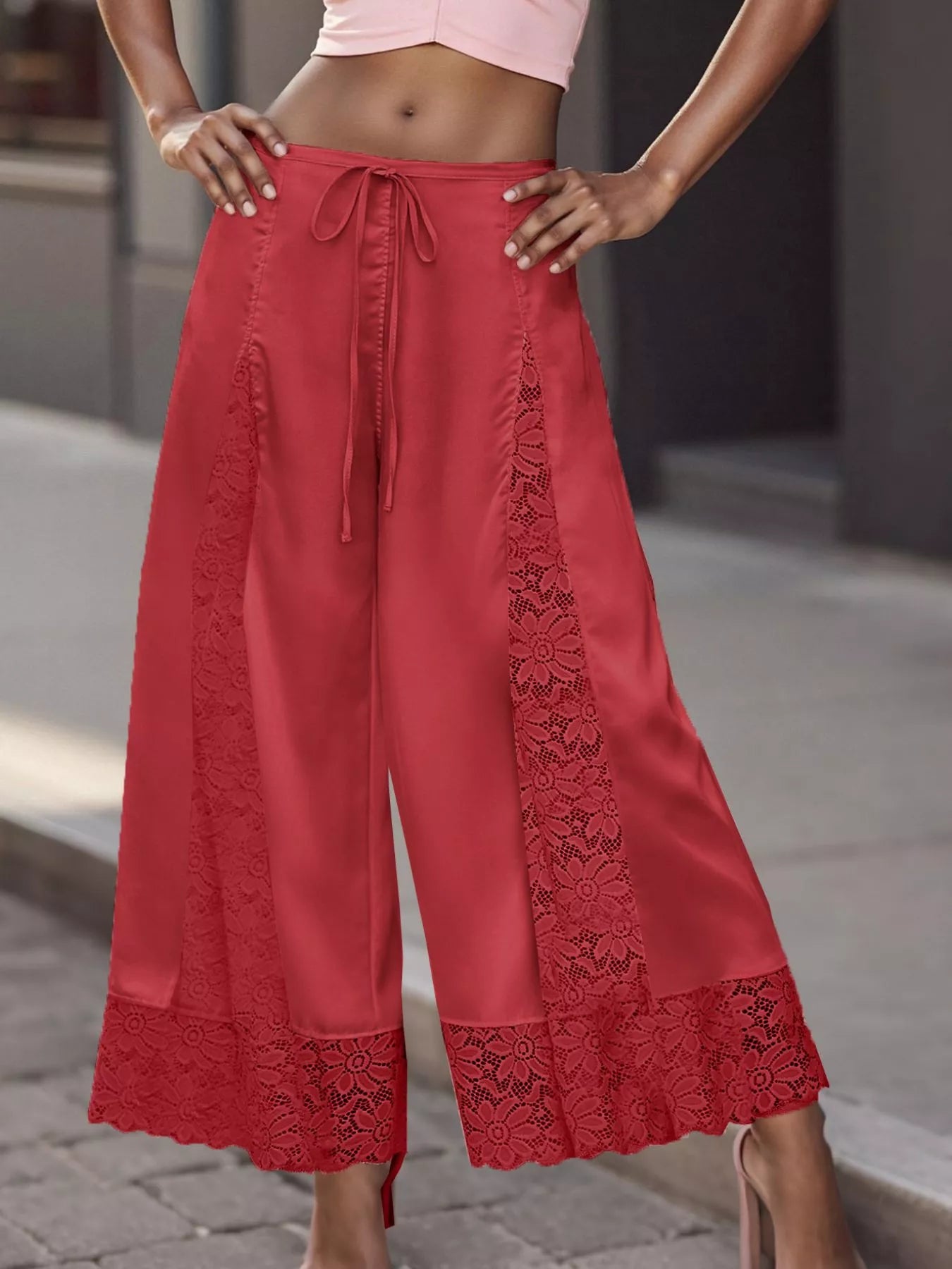 Lace-Trim Wide-Leg Cropped Pants