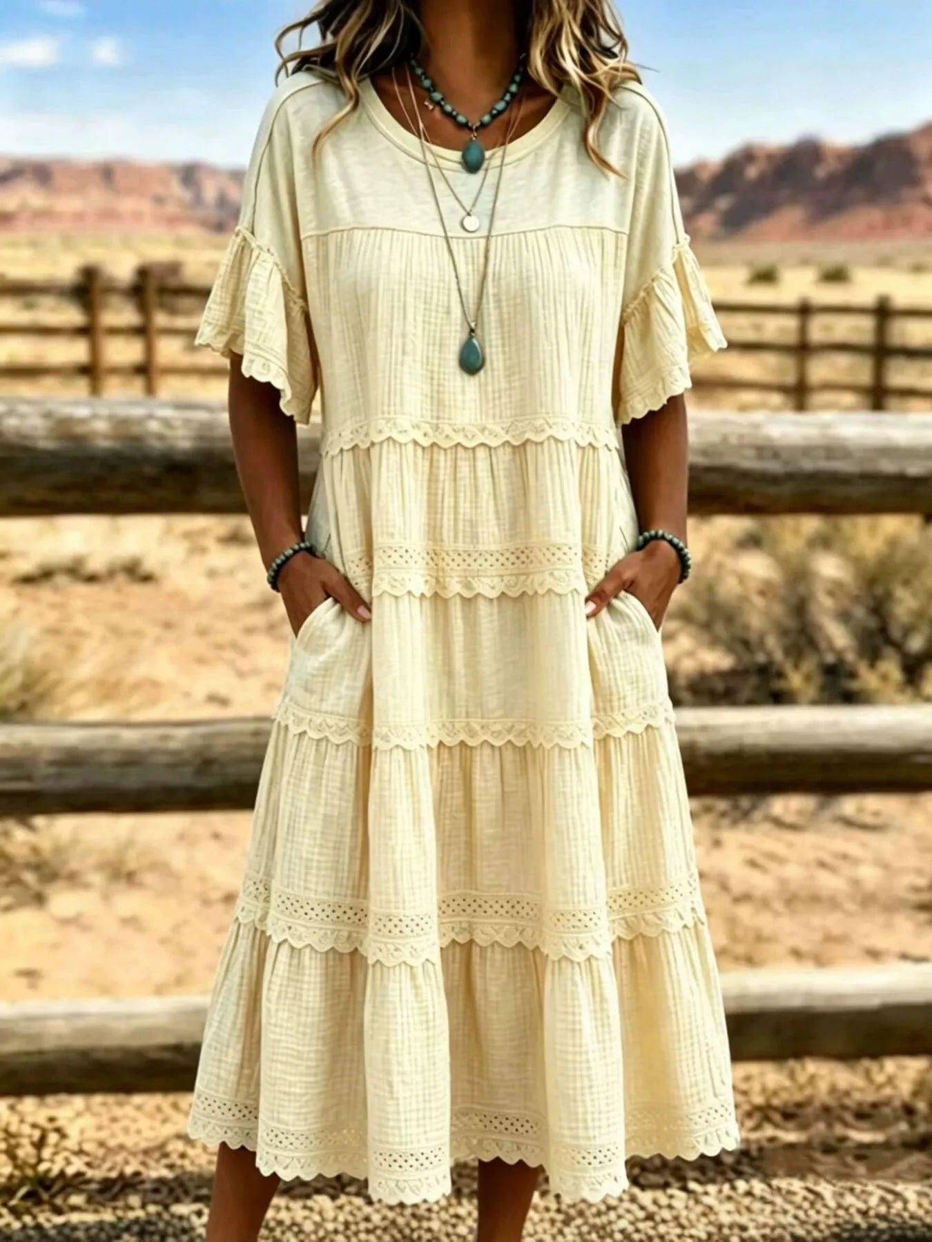 Tiered Ruffle Sleeve Midi Dress with Pockets