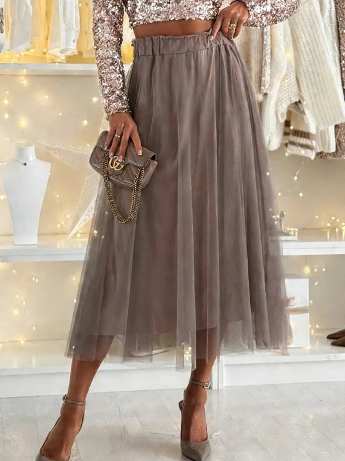 Tulle A-Line Midi Skirt in Taupe