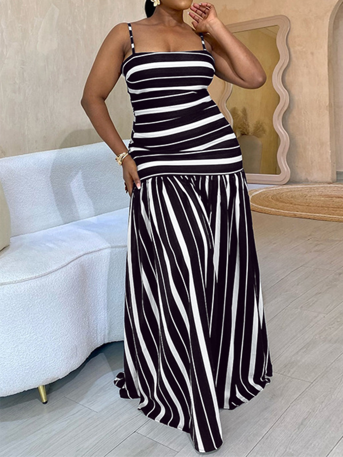 Plus Size Striped Spaghetti Strap Maxi Dress in Black