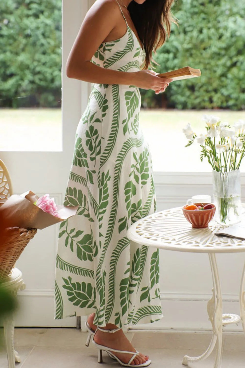 Leaf-Print V-Neck Slit Cami Dress in Gum Leaf