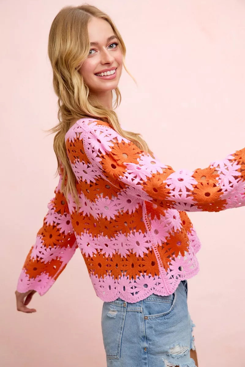Flower Crochet Knit Top in Pink/Red by BiBi