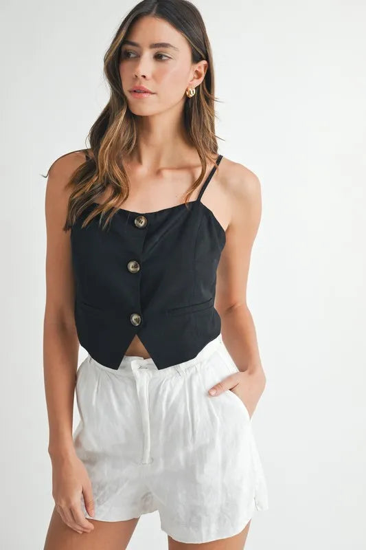 Linen Mix Button-Down Tank Top in Black
