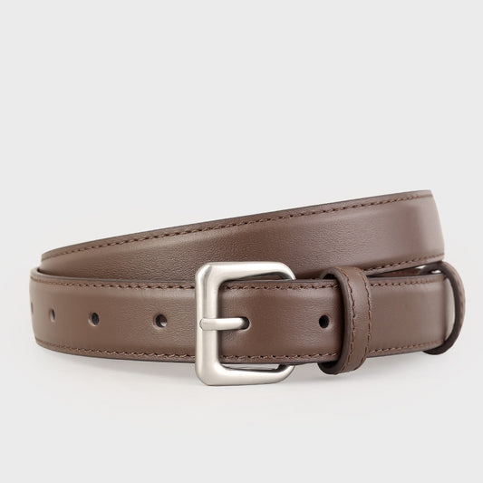 Ilussa Classic Leather Belt with Silver Buckle — Coffee B