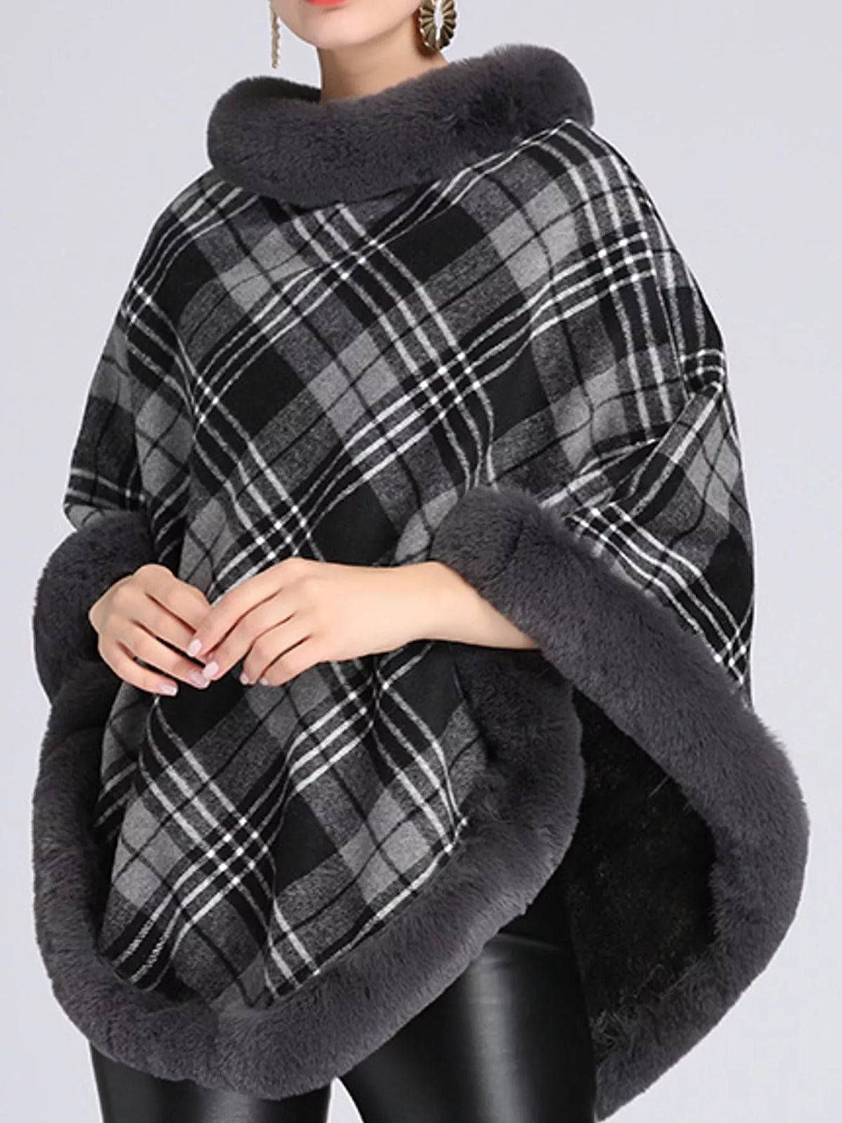 Plaid Faux Fur Trim Poncho Cape