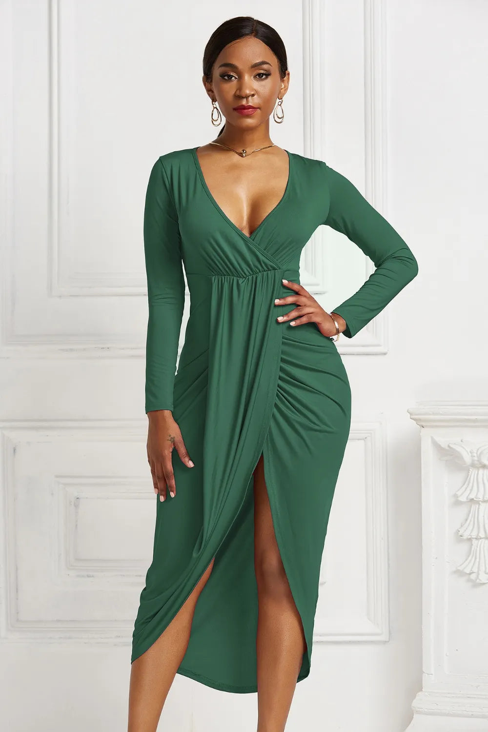 Ruched Surplice Long Sleeve High-Low Dress
