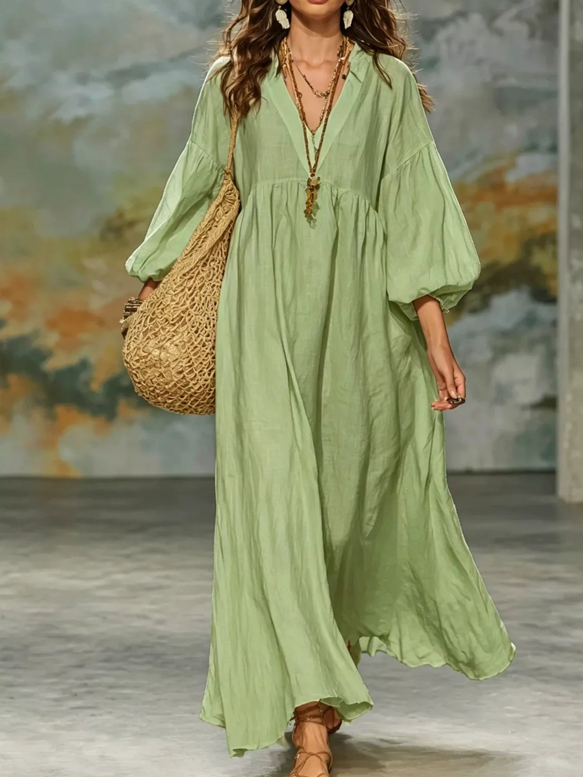 Notched Neck 3/4 Sleeve Maxi Dress