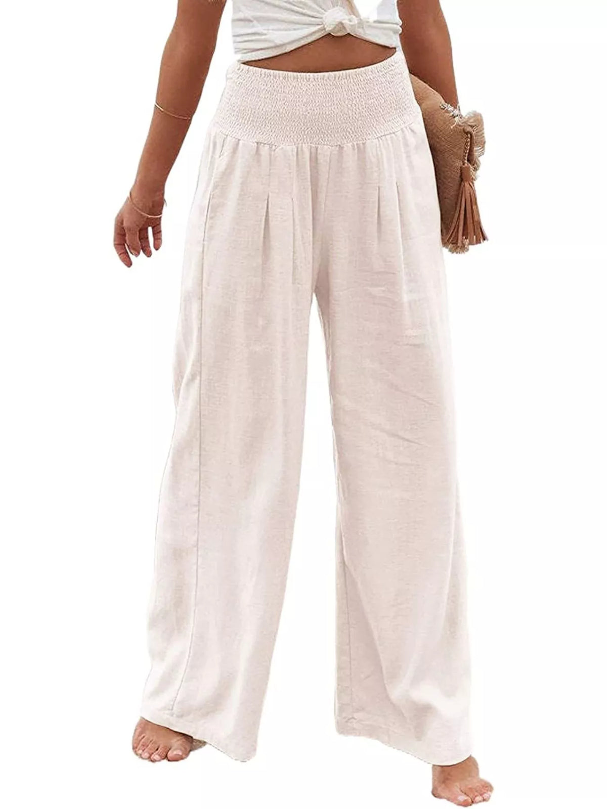 Smocked High-Waisted Wide Leg Pants