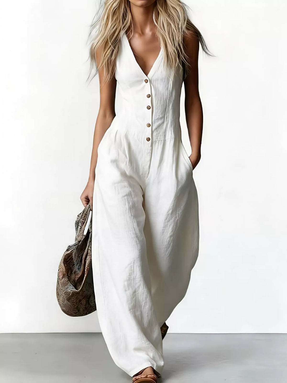 V-Neck Button-Down Wide Leg Jumpsuit