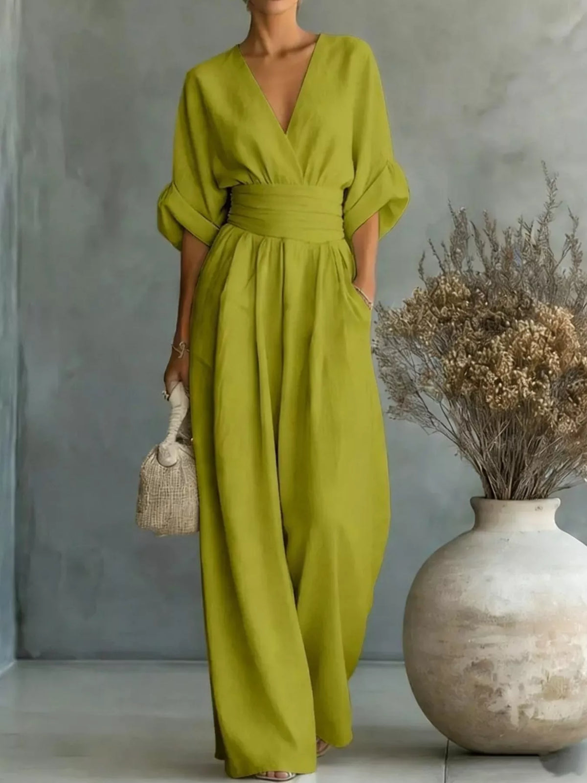 Ruched Half Sleeve Wide-Leg Jumpsuit