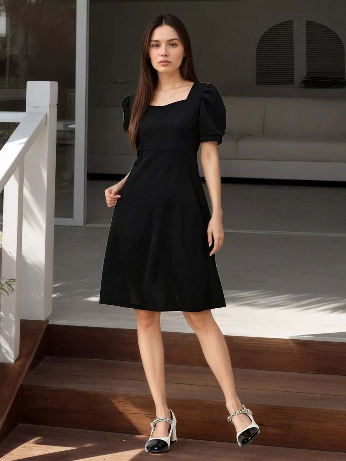 Puff Sleeve Bow Back Mini Dress in Black