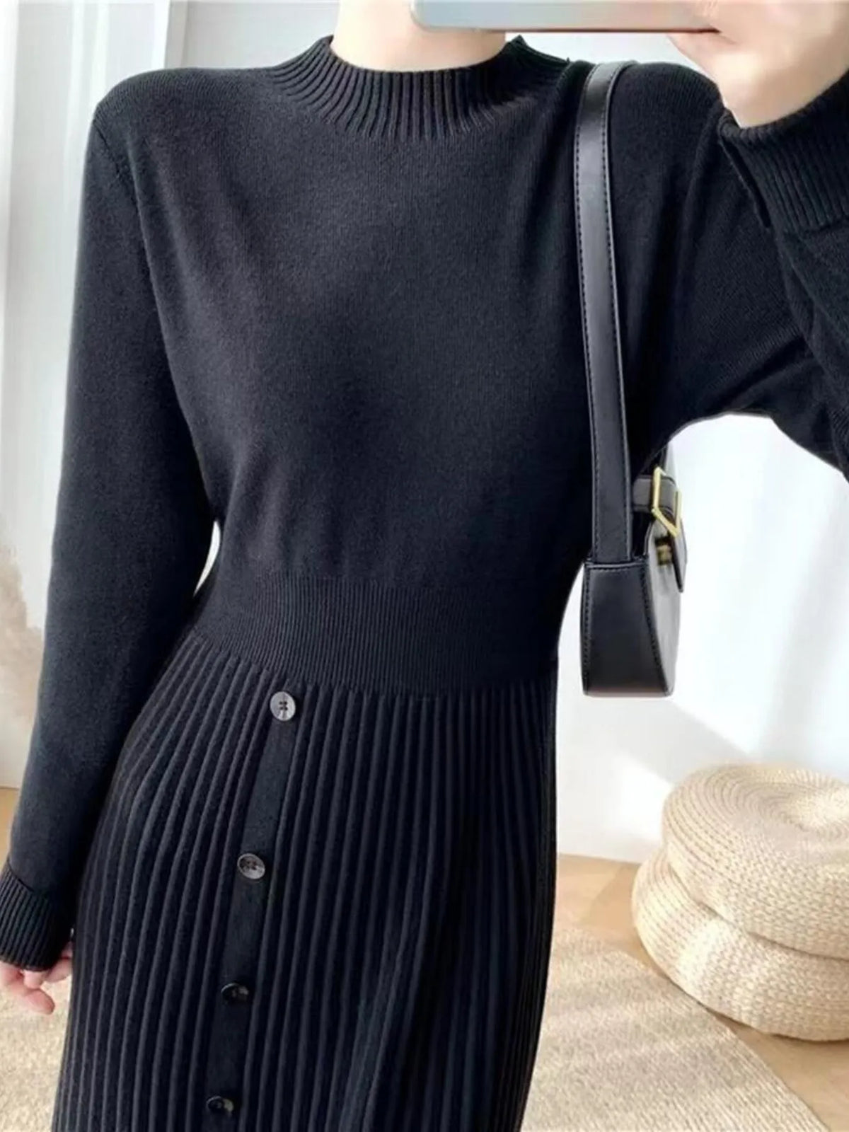 Slit Front Mock Neck Long Sleeve Knit Dress