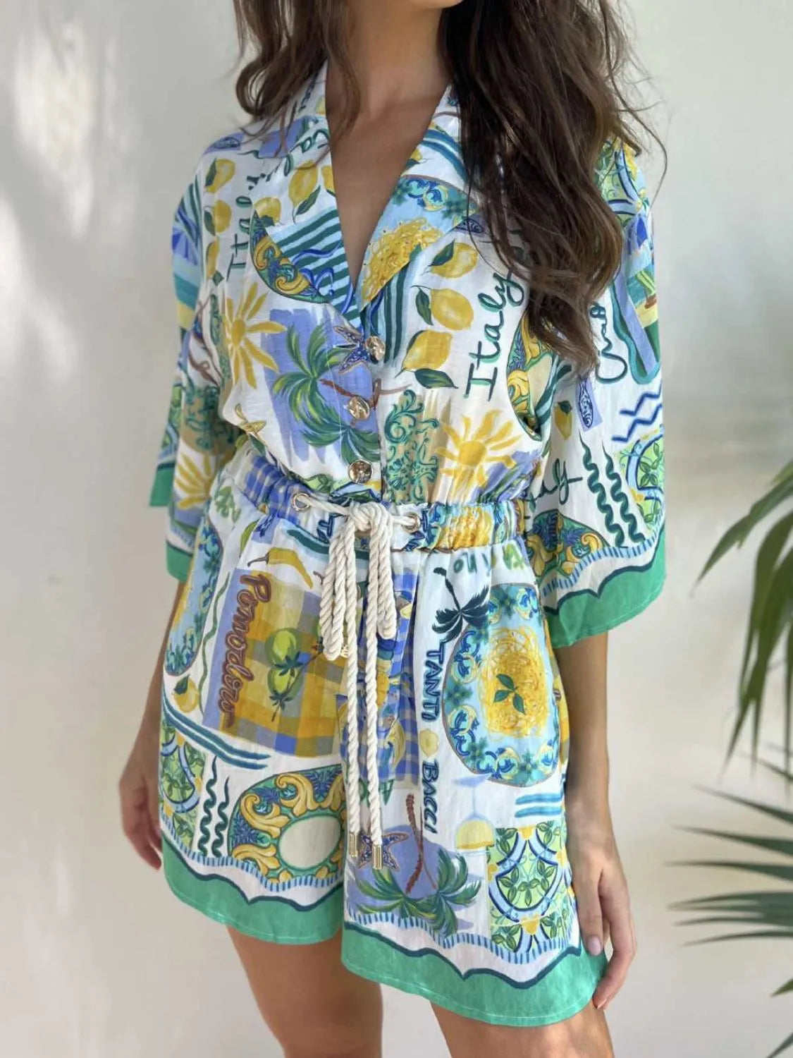 Printed Collared Romper in Turquoise