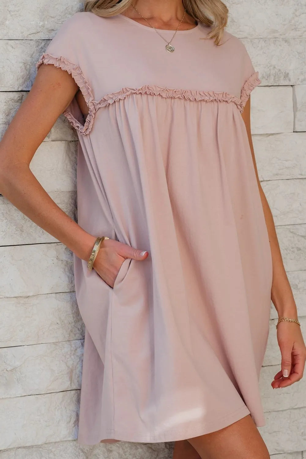 Frilled Trim Mini Dress in Dusty Pink