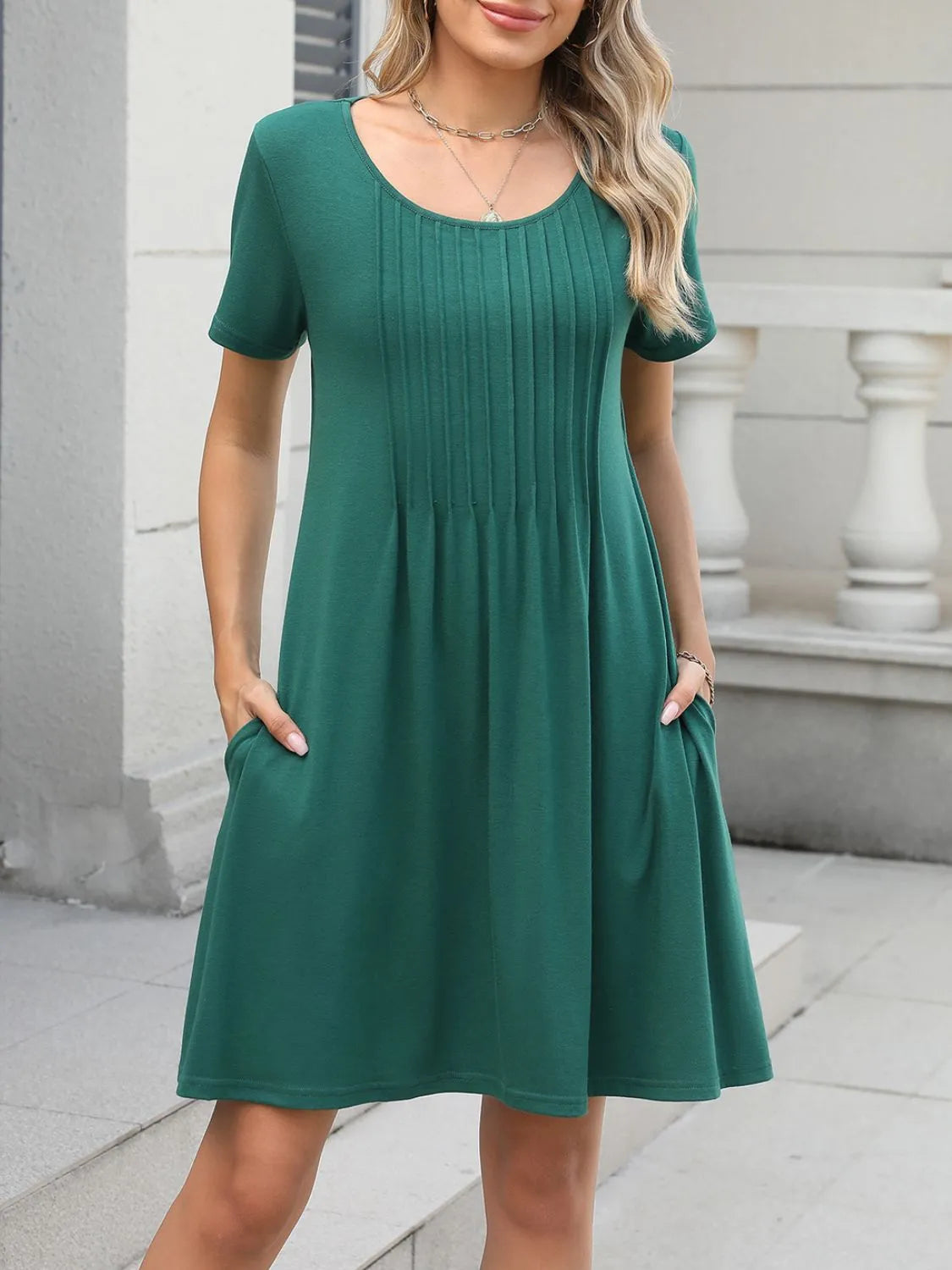 Pleated Round-Neck Swing Dress with Pockets