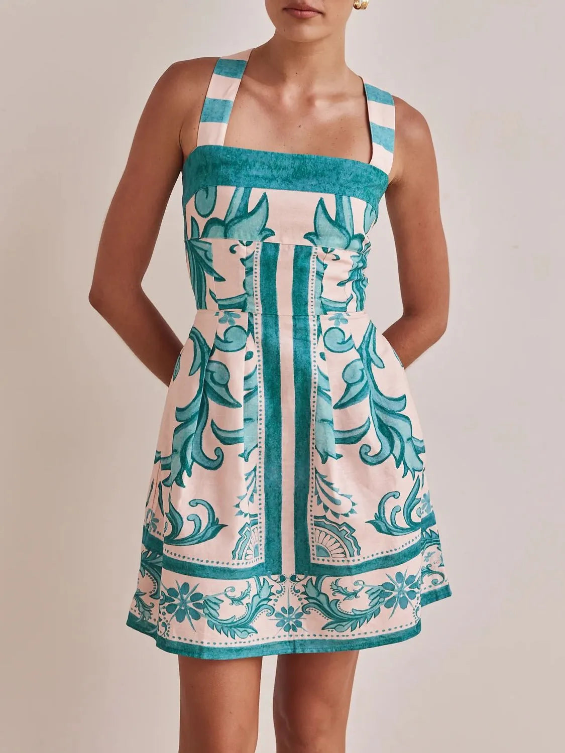 Printed Square Neck Buttoned Midi Dress