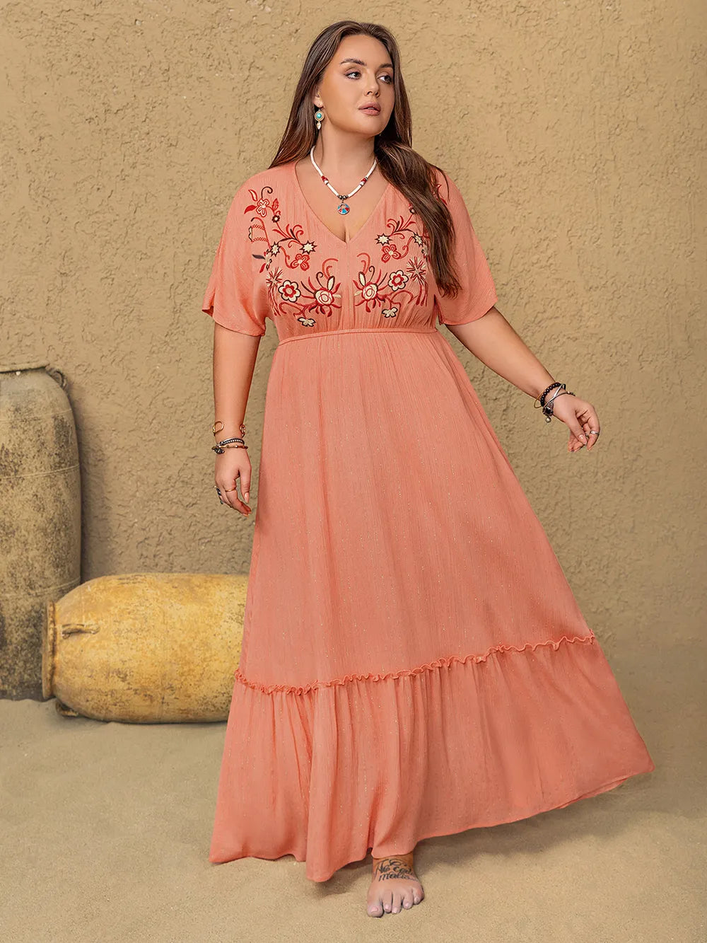 Frill Embroidered V-Neck Maxi Dress in Coral