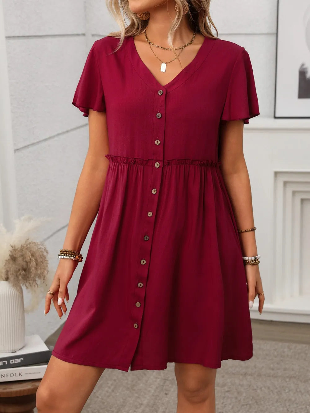 Button Front Flutter Sleeve Dress with Frill Detail