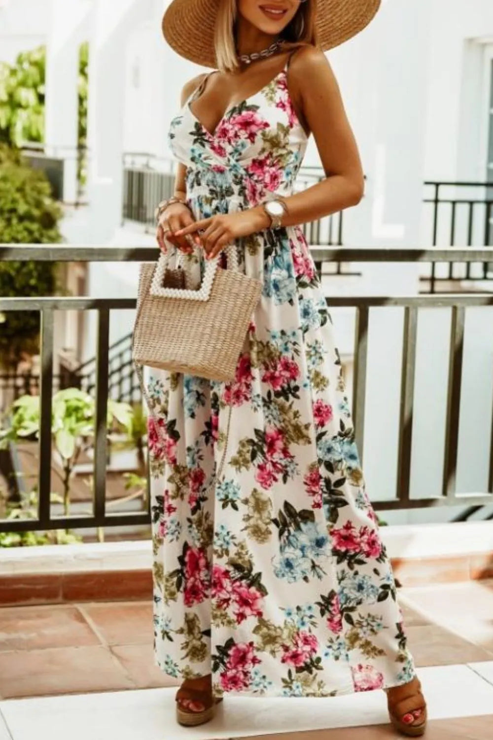 Smocked Spaghetti-Strap Printed Maxi Dress