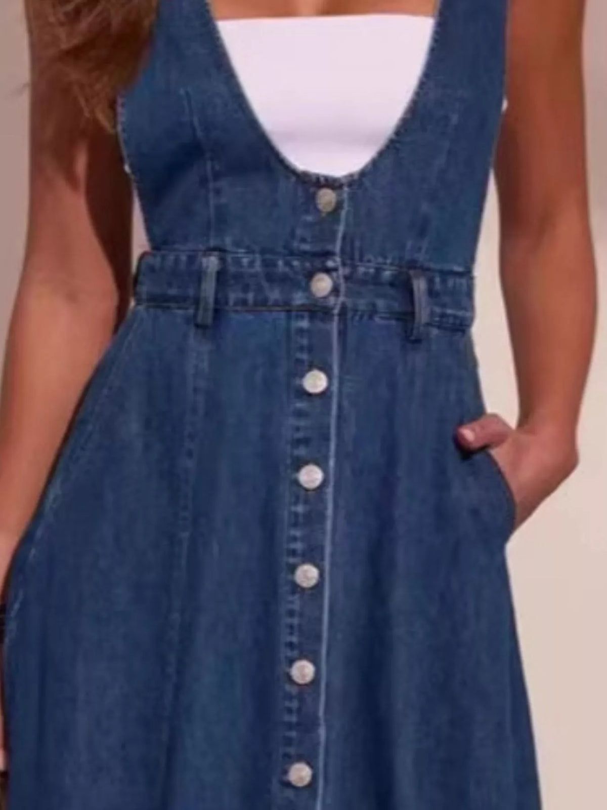 Button Front Denim Overall Midi Dress in Blue