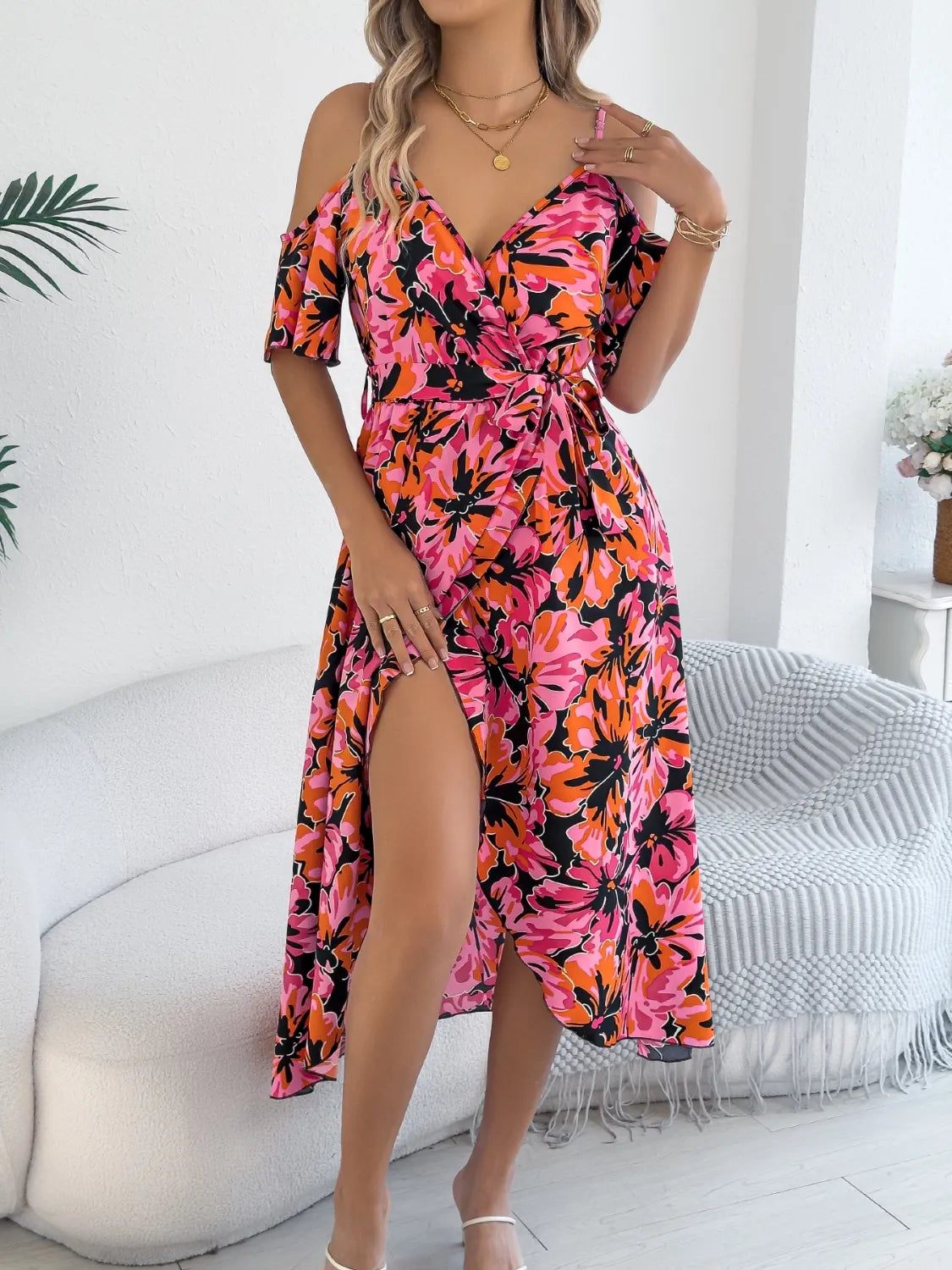 Printed Cold-Shoulder Midi Cami Dress