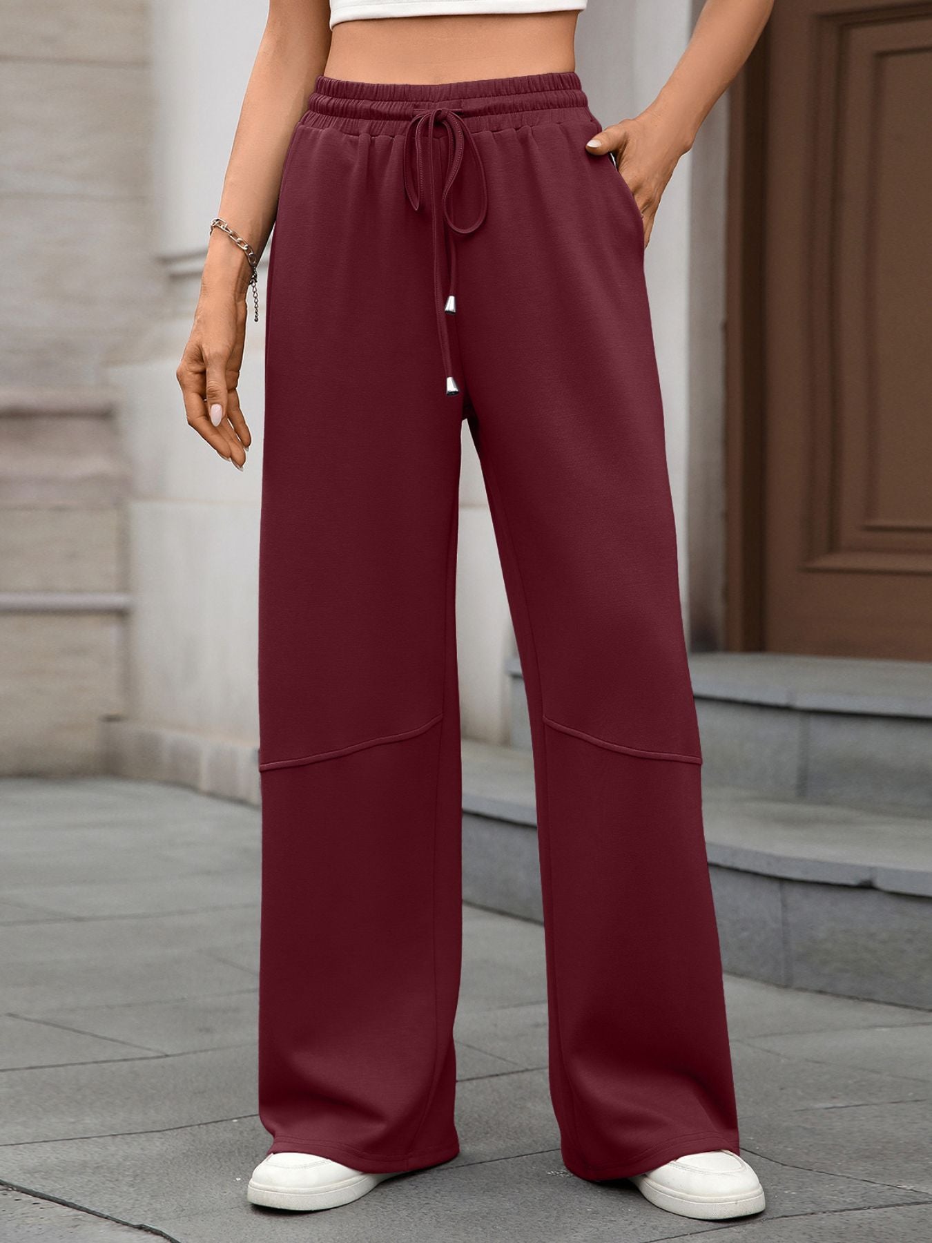 Drawstring High-Waist Wide-Leg Pants