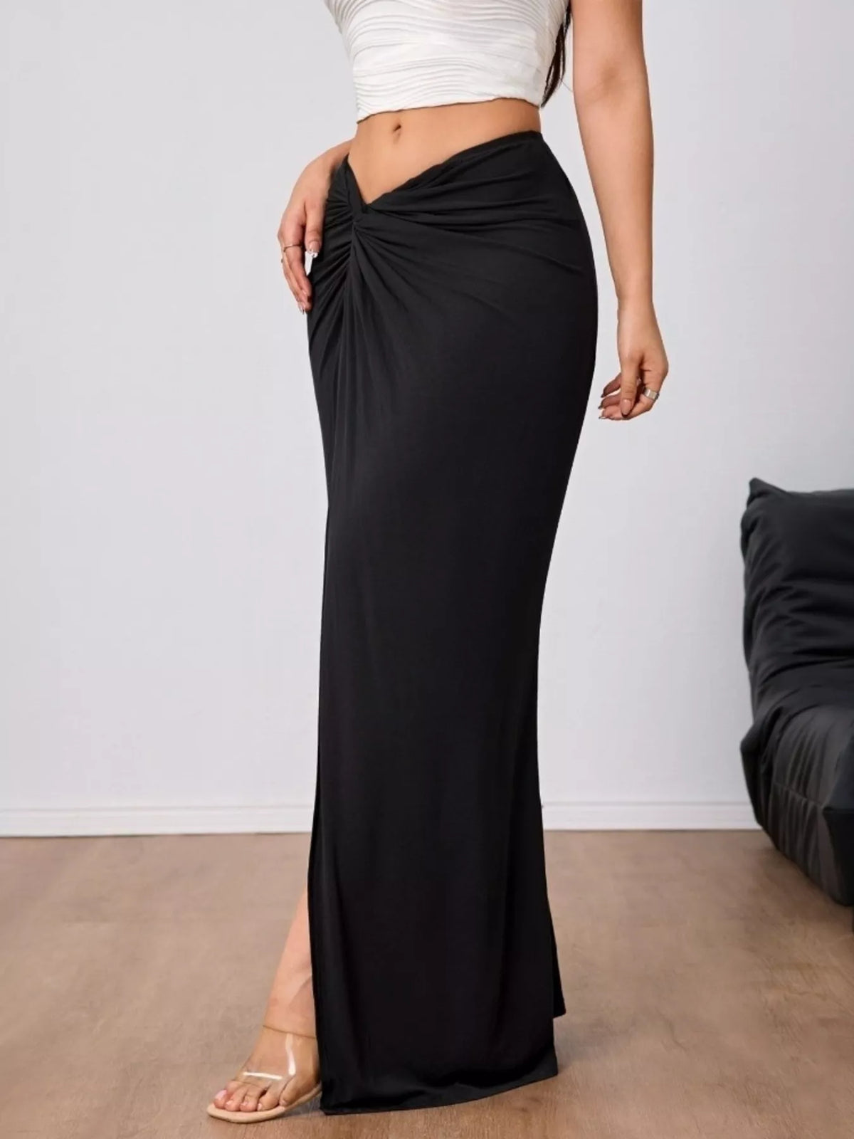Twist-Front Bodycon Maxi Skirt in Black