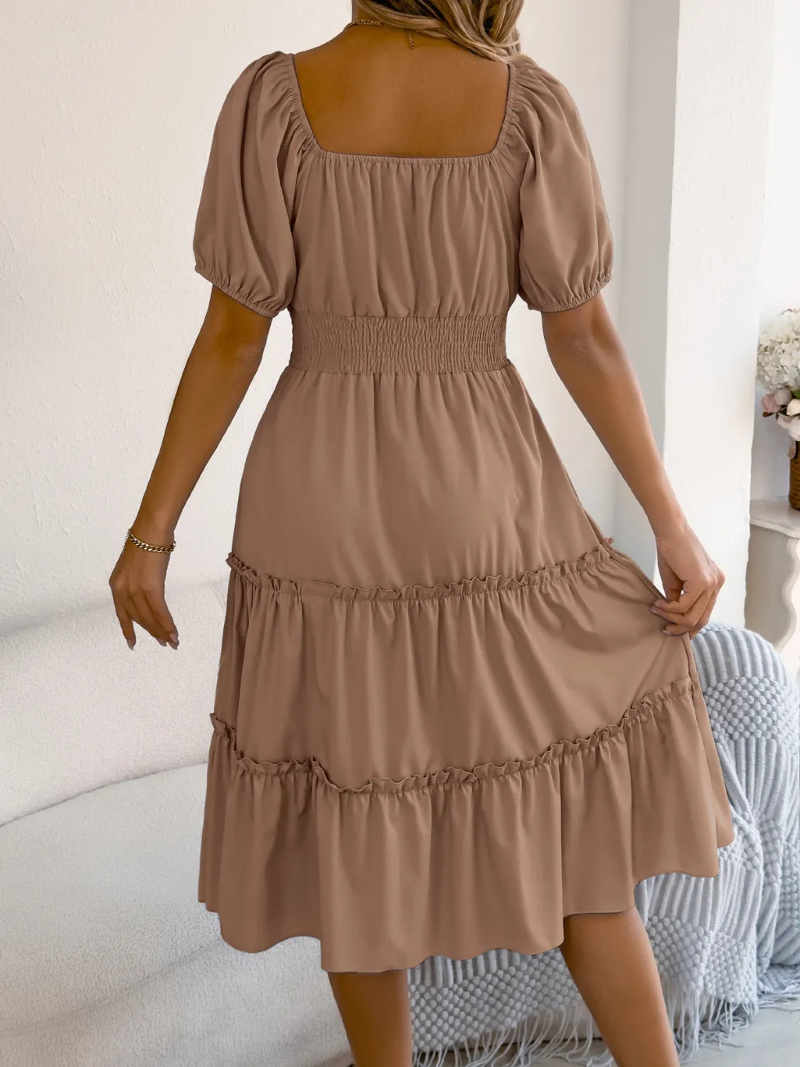 Square Neck Puff Sleeve Smocked Dress