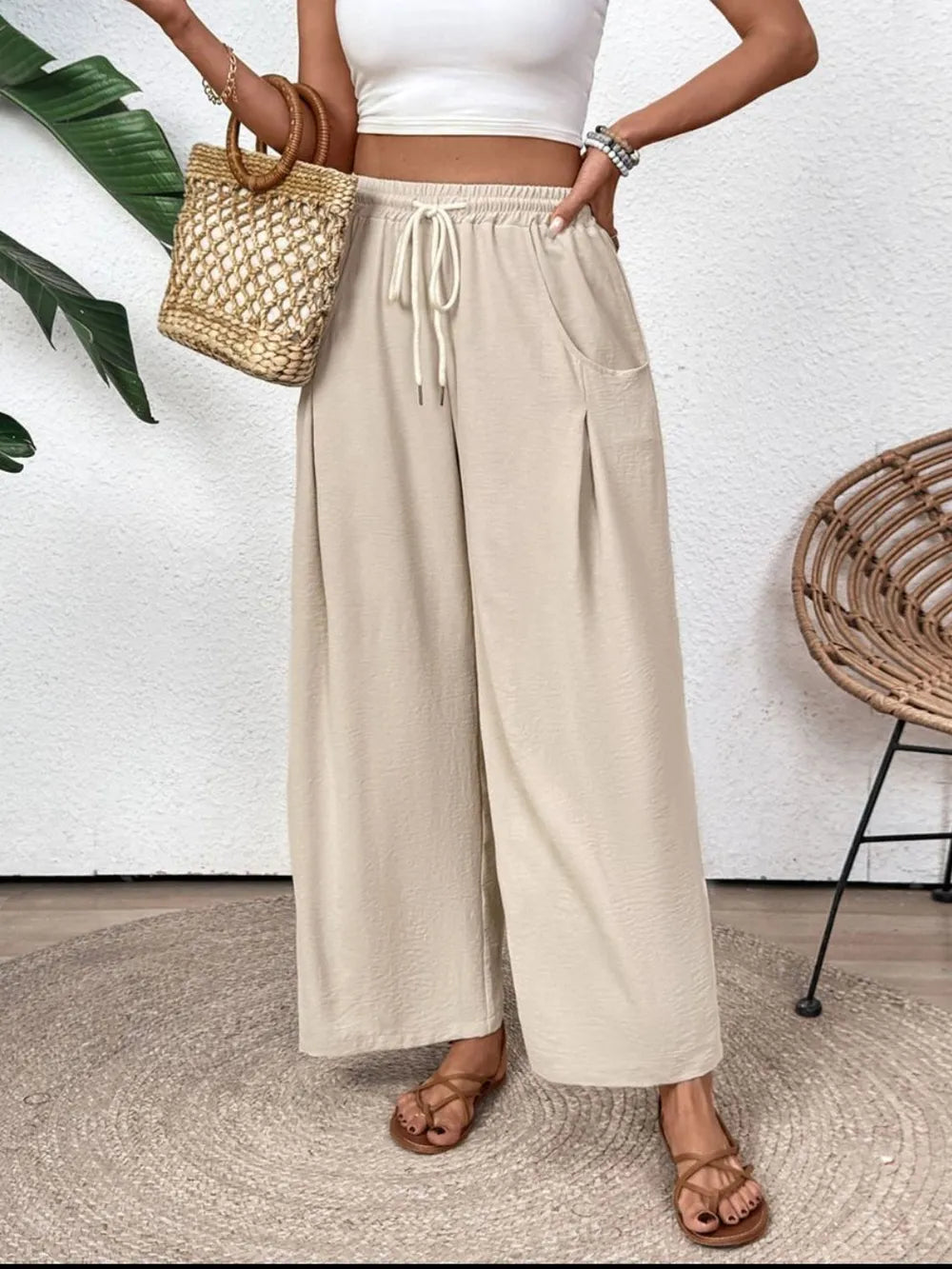 Drawstring Wide Leg Pants in Tan