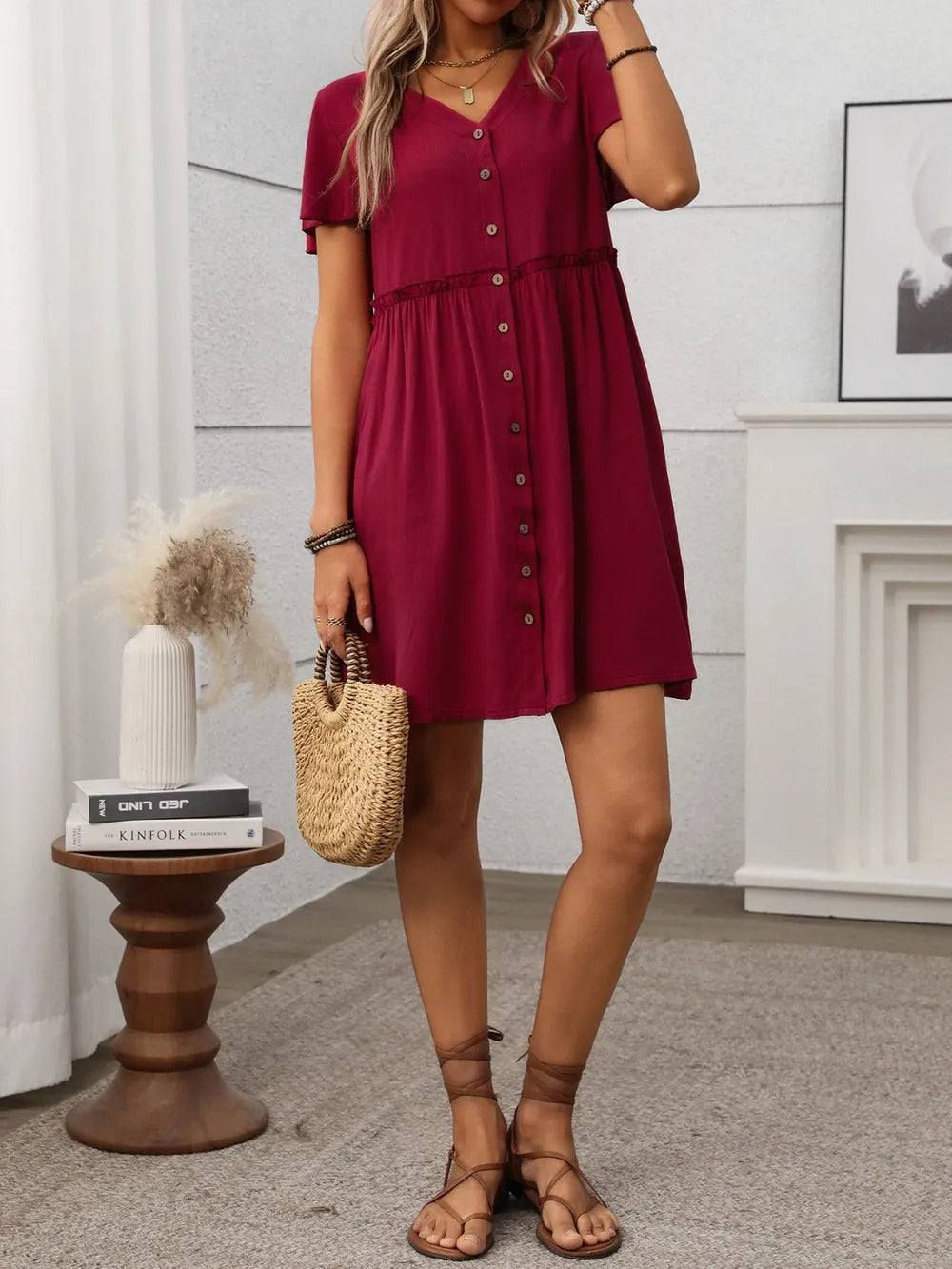 Button Front Flutter Sleeve Dress with Frill Detail