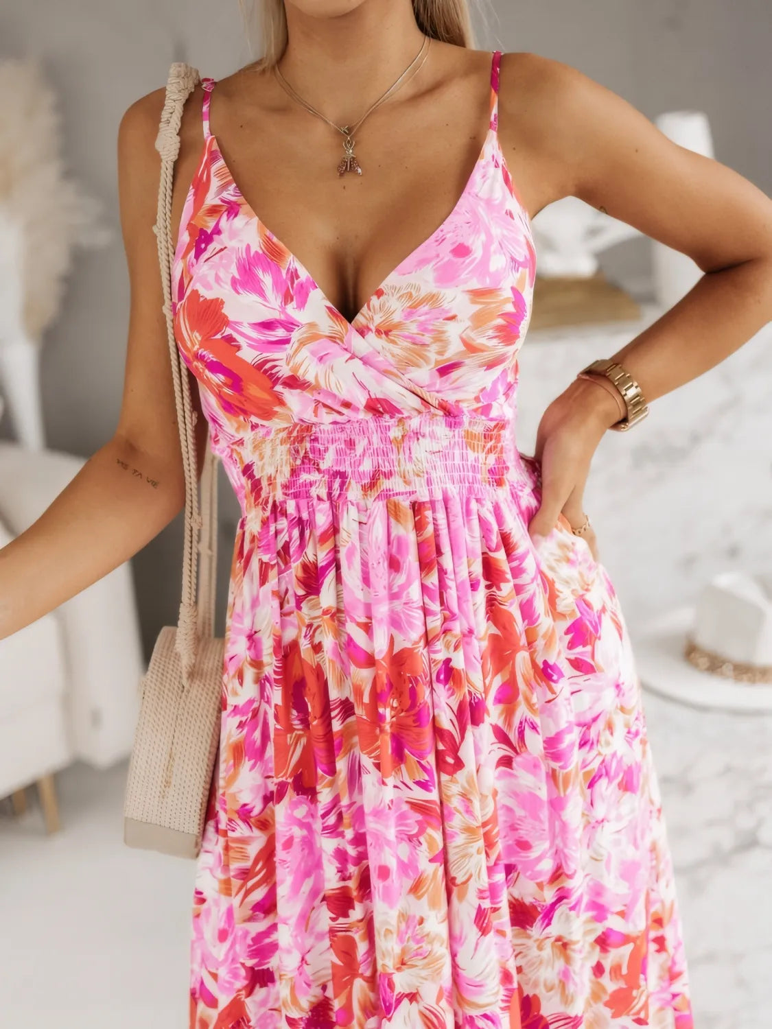 Smocked Surplice Maxi Cami Dress